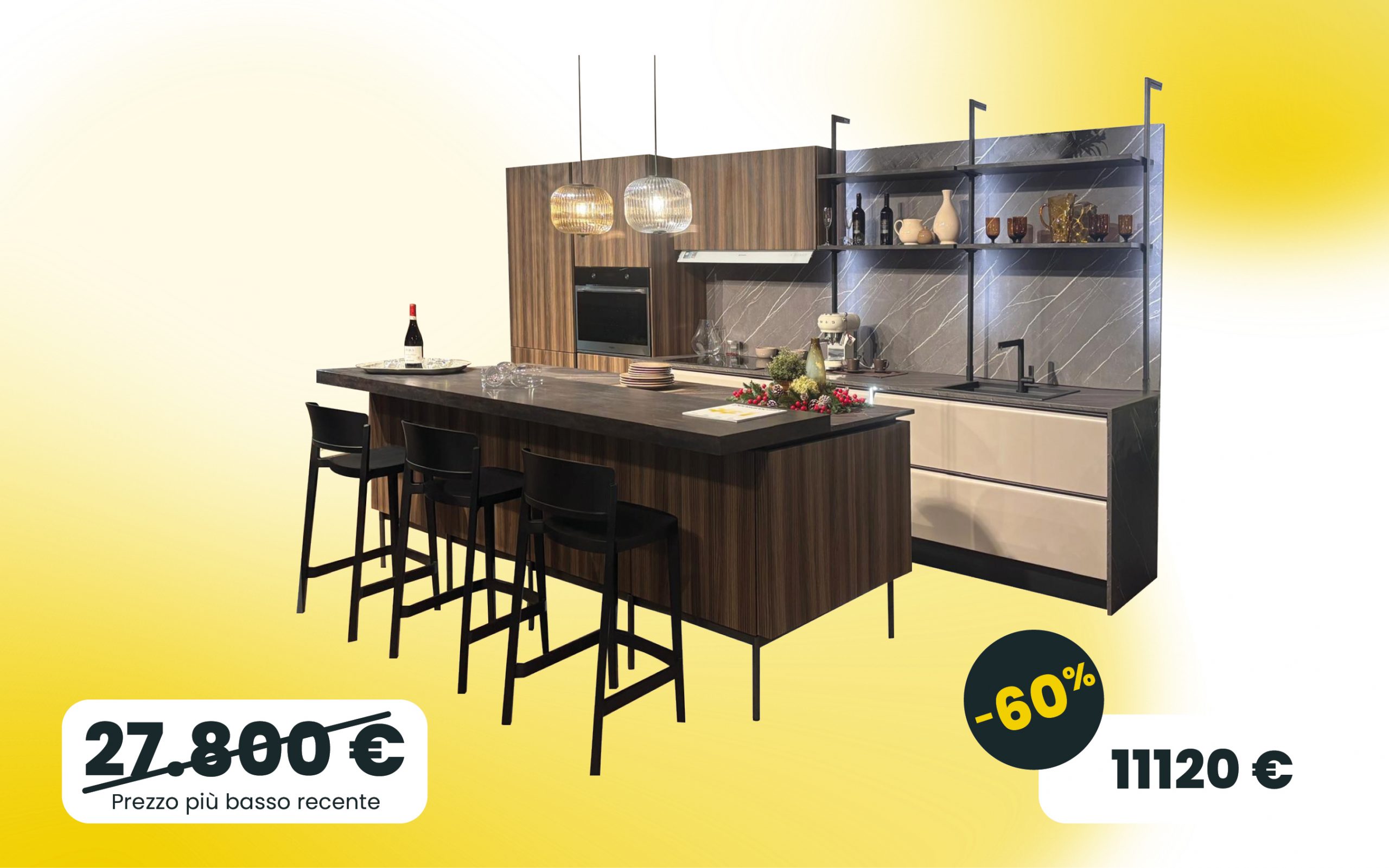 Cucina con isola ante in cannettato Noce caffè e calce opaco, schienale e top in laminato dark pulpis